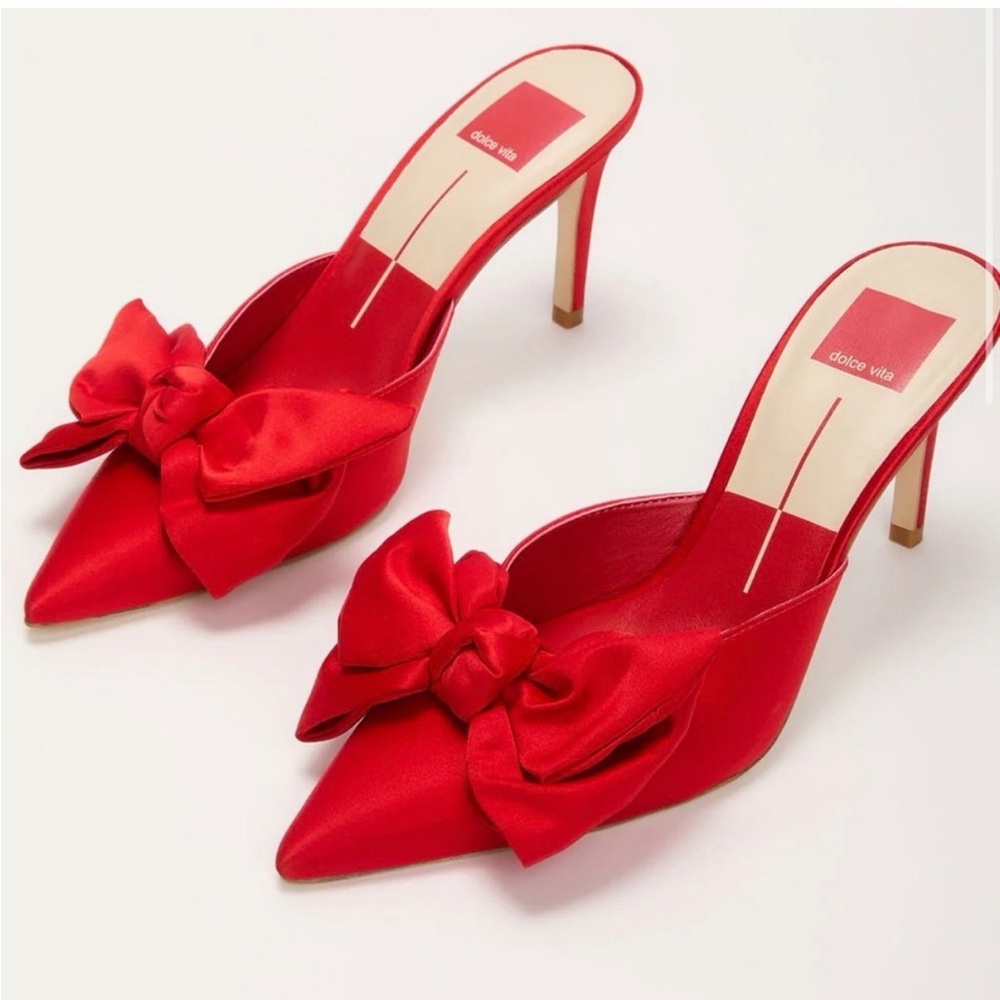 Dolce Vita Red Satin Bow Pointed-Toe Mule Heels